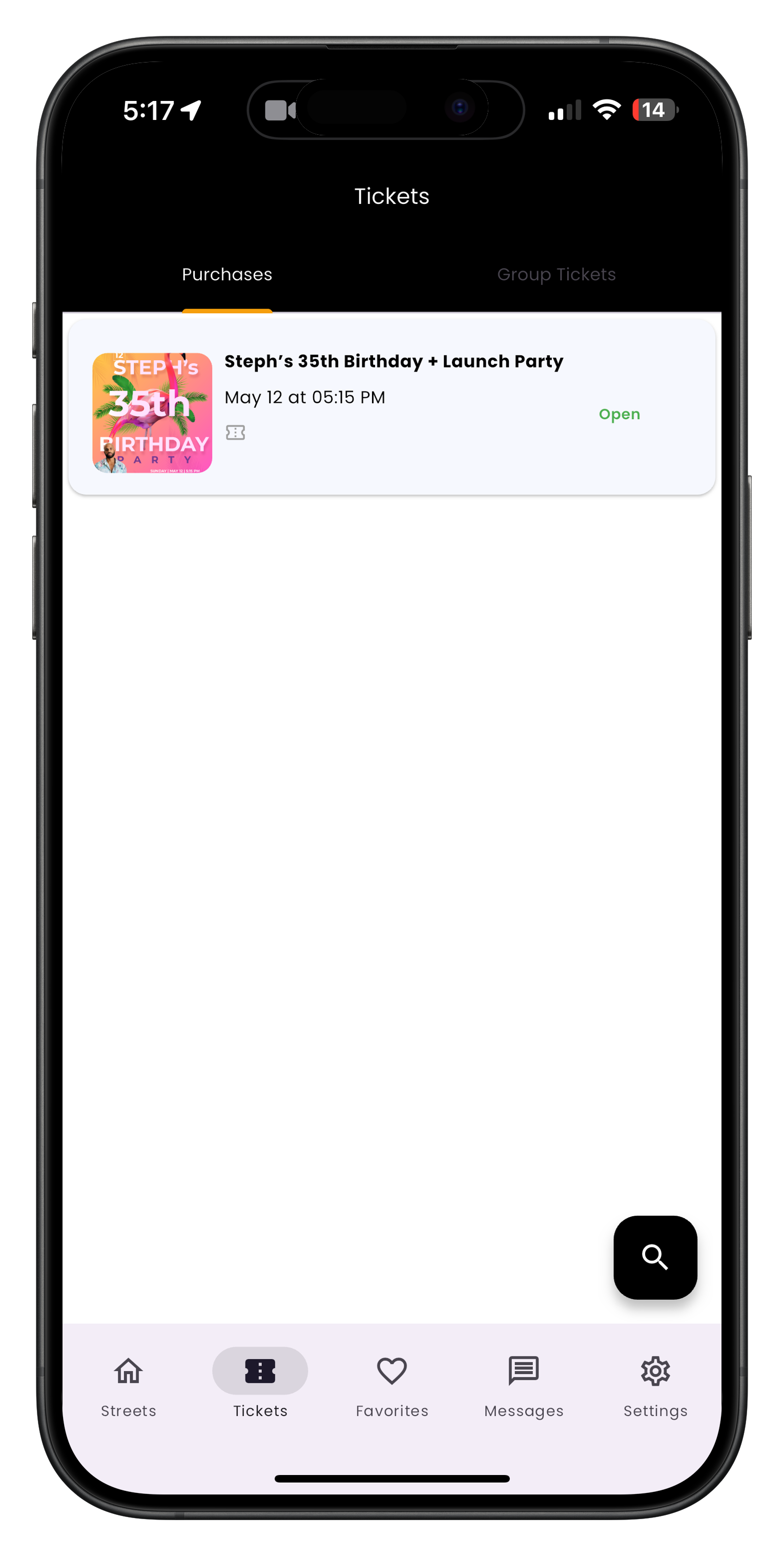 Streets app tickets page showing list of upcoming events