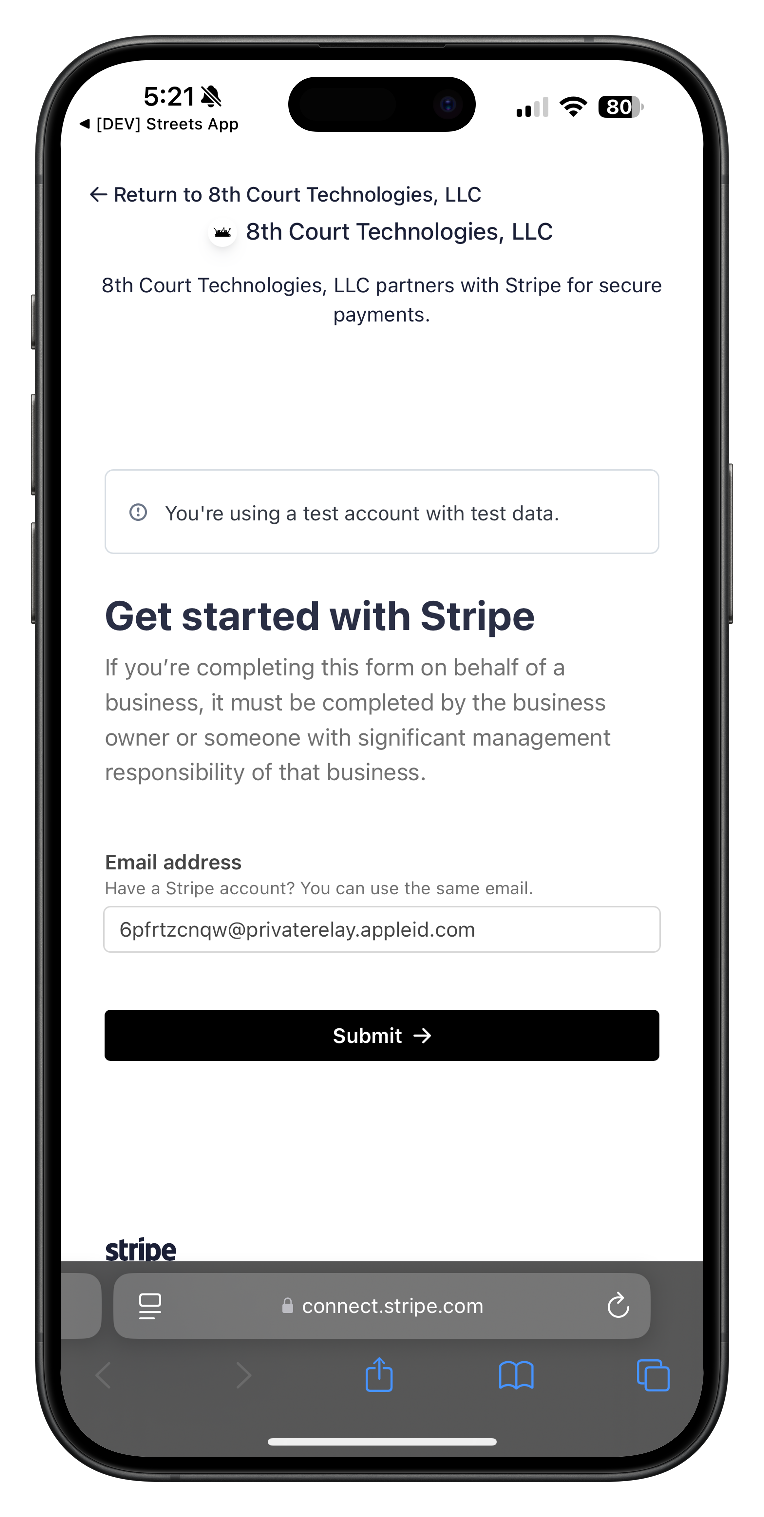 Stripe account creation form