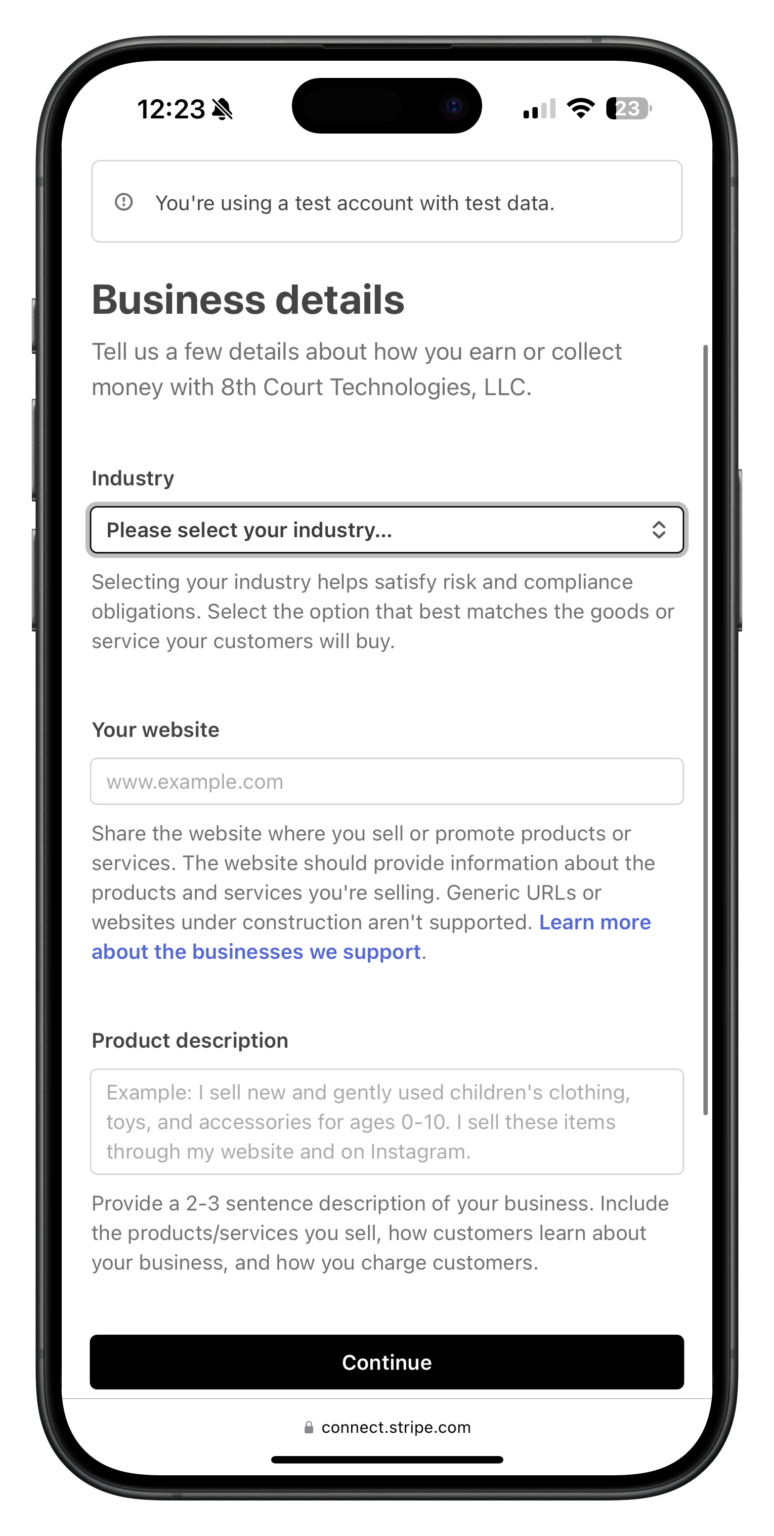 Stripe business details form